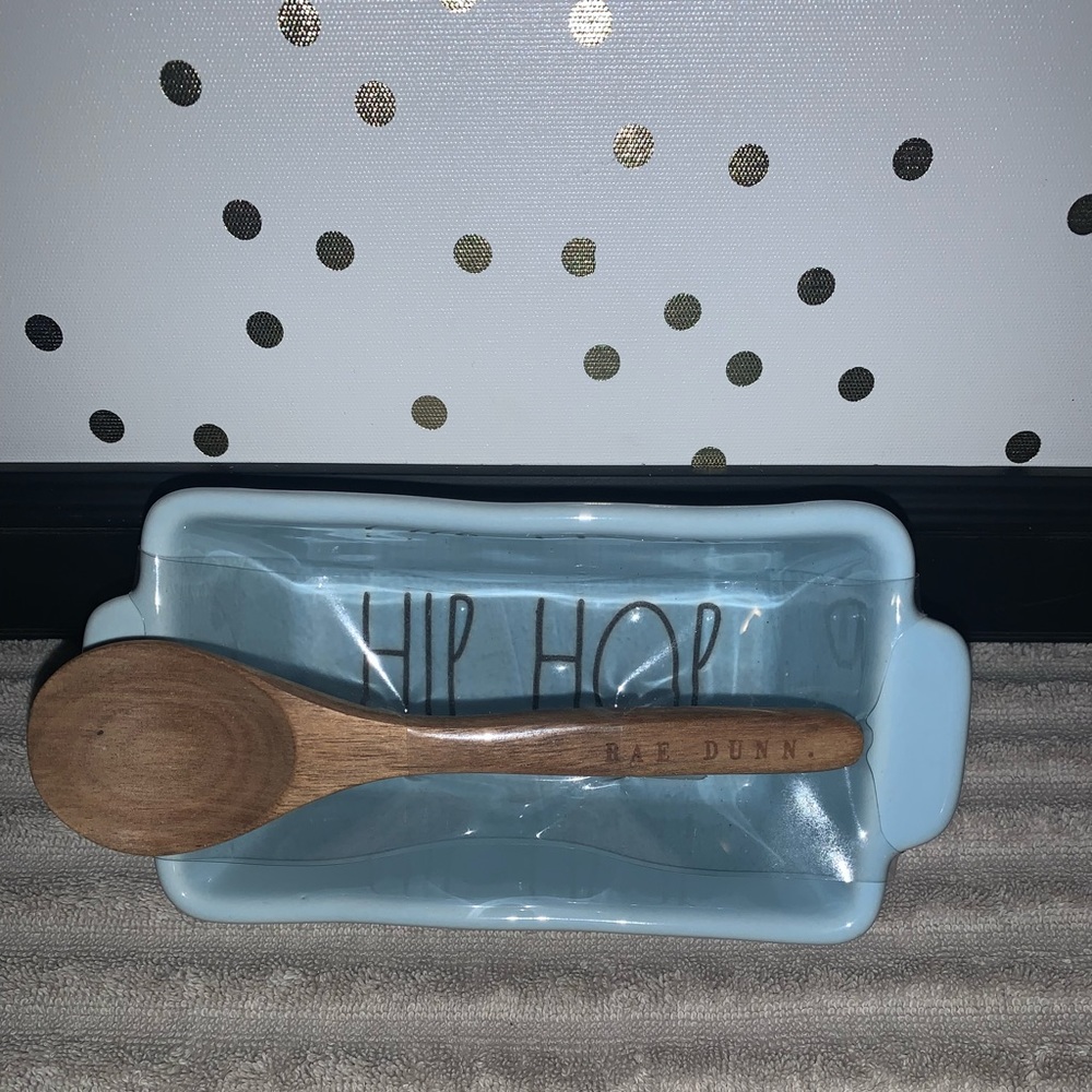 Rae Dunn Blue Hip Hop Mini Loaf Pan Baking With Spoon Set NWT